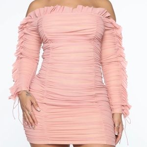 Mauve ruched mini dress.